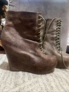 Steven By Steve Madden Brown Lace-Up Leather Wedge Booties